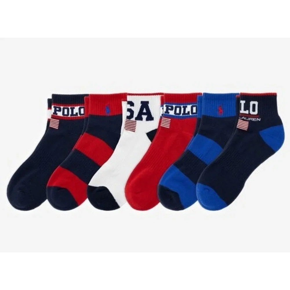 Polo Ralph Lauren Mens 6 Pack Performance Quarter Socks USA Flag Red White Blue
